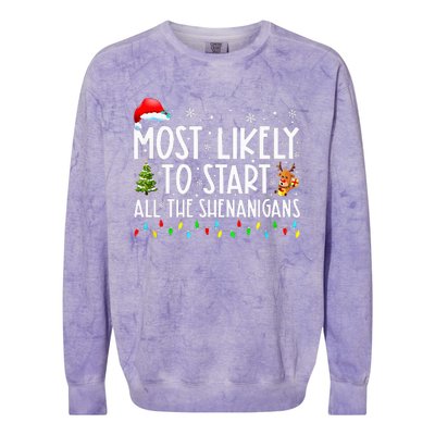 Most Likely To Start All The Shenanigans Family Xmas Holiday Colorblast Crewneck Sweatshirt