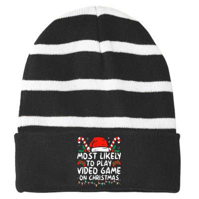 Most Likely To Play Video Game On Christmas Santa Gaming Striped Beanie with Solid Band