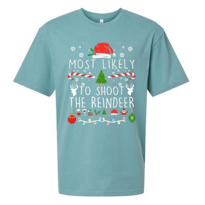 Most Likely To Shoot The Reindeer Family Christmas Holiday Gift Sueded Cloud Jersey T-Shirt