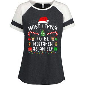 Most Likely To Be Mistaken As An Elf Christmas Family Joke Enza Ladies Jersey Colorblock Tee