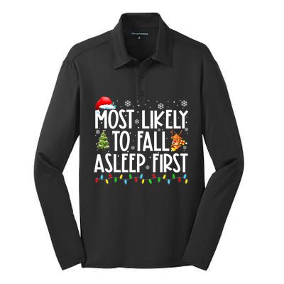 Most Likely To Fall Asleep First Christmas Family Funny Xmas Gift Silk Touch Performance Long Sleeve Polo