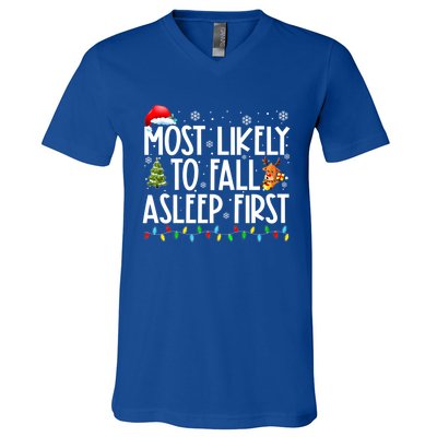 Most Likely To Fall Asleep First Christmas Family Funny Xmas Gift V-Neck T-Shirt