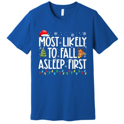 Most Likely To Fall Asleep First Christmas Family Funny Xmas Gift Premium T-Shirt