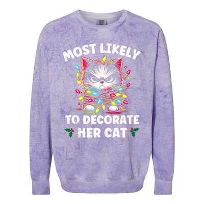 Most Likely To Decorate Her Cat Family Christmas Pajamas Tank Top Colorblast Crewneck Sweatshirt