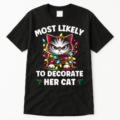 Most Likely To Decorate Her Cat Family Christmas Pajamas Tank Top Tall T-Shirt