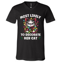 Most Likely To Decorate Her Cat Family Christmas Pajamas Tank Top V-Neck T-Shirt