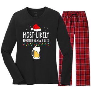 Most Likely To Offer Santa A Beer Family Pajamas Christmas Women's Long Sleeve Flannel Pajama Set 