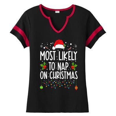 Most Likely To Nap On Christmas Family Christmas Pajamas Ladies Halftime Notch Neck Tee