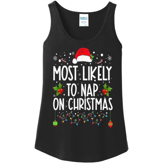 Most Likely To Nap On Christmas Family Christmas Pajamas Ladies Essential Tank