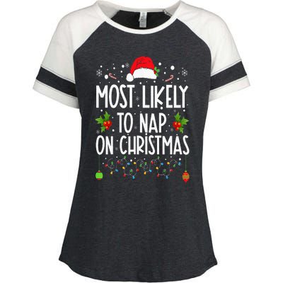 Most Likely To Nap On Christmas Family Christmas Pajamas Enza Ladies Jersey Colorblock Tee