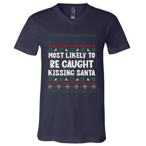 Most Likely To Be Caught Kissing Santa Christmas Matching V-Neck T-Shirt