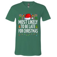 Most Likely To Be Late For Christmas Funny Family Christmas V-Neck T-Shirt