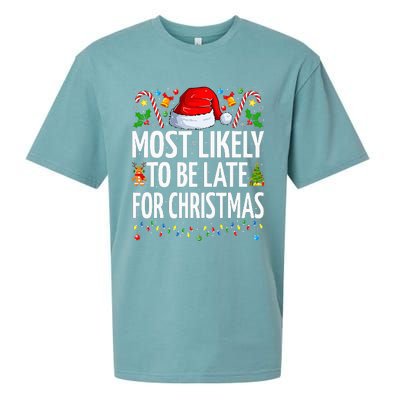 Most Likely To Be Late For Christmas Funny Family Christmas Sueded Cloud Jersey T-Shirt