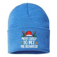 Most Likely To Pet The Reindeer Funny Christmas Holiday Gift Sustainable Knit Beanie