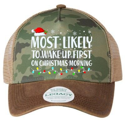 Most Likely To Wake Up First On Christmas Morning Xmas Light Legacy Tie Dye Trucker Hat