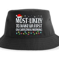 Most Likely To Wake Up First On Christmas Morning Xmas Light Sustainable Bucket Hat
