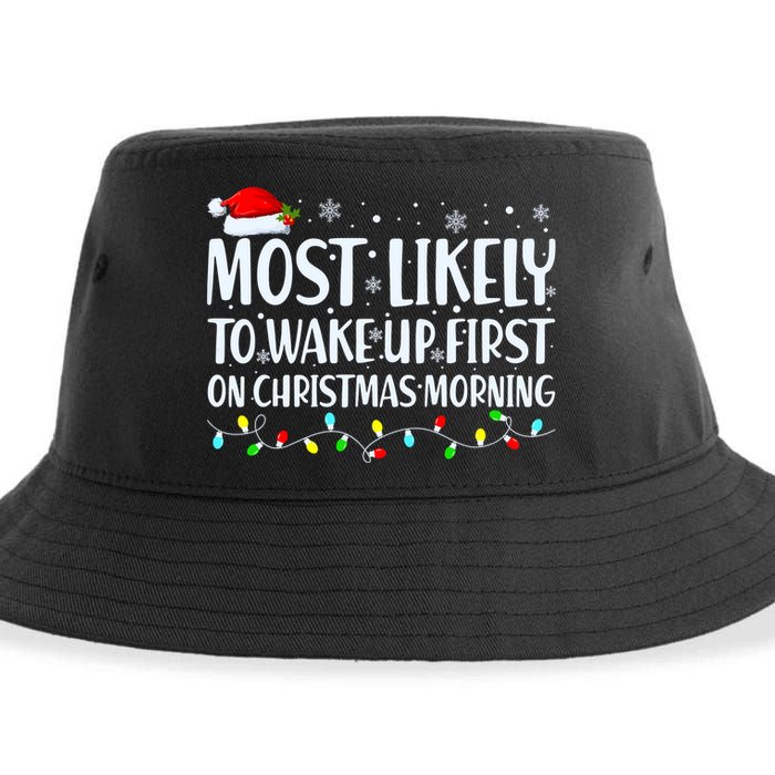 Most Likely To Wake Up First On Christmas Morning Xmas Light Sustainable Bucket Hat