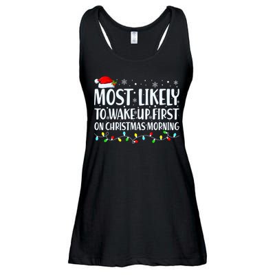 Most Likely To Wake Up First On Christmas Morning Xmas Light Ladies Essential Flowy Tank