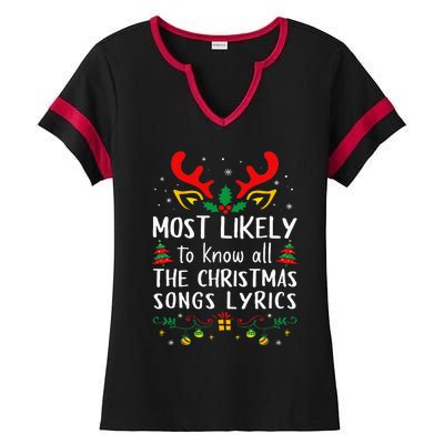 Most Likely To Know All The Christmas Songs Lyrics Matching Ladies Halftime Notch Neck Tee