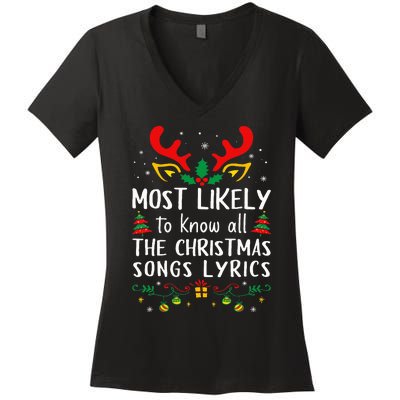 Most Likely To Know All The Christmas Songs Lyrics Matching Women's V-Neck T-Shirt