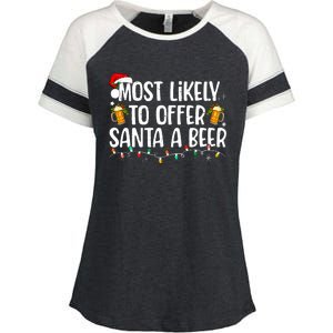 Most Likely To Offer Santa A Beer Funny Drinking Christmas Enza Ladies Jersey Colorblock Tee