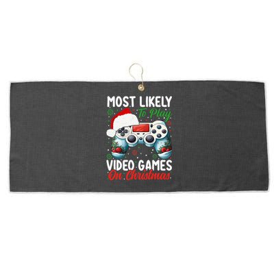 Most Likely To Play Video Games On Christmas  Large Microfiber Waffle Golf Towel