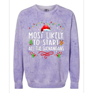 Most Likely To Start All The Shenanigans Family Xmas Holiday Colorblast Crewneck Sweatshirt