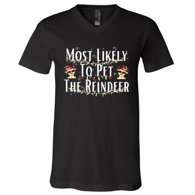 Most Likely To Pet The Reindeer Christmas Tree Lights V-Neck T-Shirt