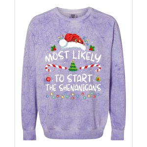 Most Likely To Start All The Shenanigans Family Xmas Holiday Colorblast Crewneck Sweatshirt