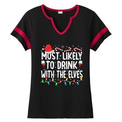 Most Likely To Drink With The Elves Elf Drinking Christmas Ladies Halftime Notch Neck Tee