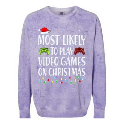 Most Likely To Play Video Games On Christmas Xmas Lights  Colorblast Crewneck Sweatshirt