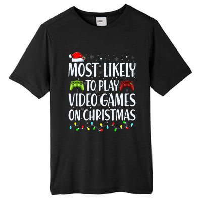 Most Likely To Play Video Games On Christmas Xmas Lights  Tall Fusion ChromaSoft Performance T-Shirt