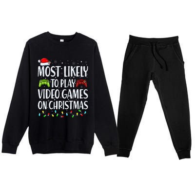 Most Likely To Play Video Games On Christmas Xmas Lights  Premium Crewneck Sweatsuit Set