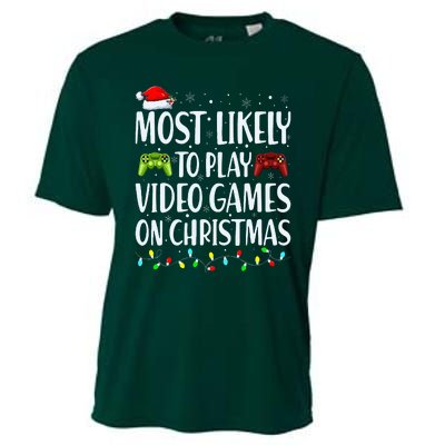 Most Likely To Play Video Games On Christmas Xmas Lights  Cooling Performance Crew T-Shirt