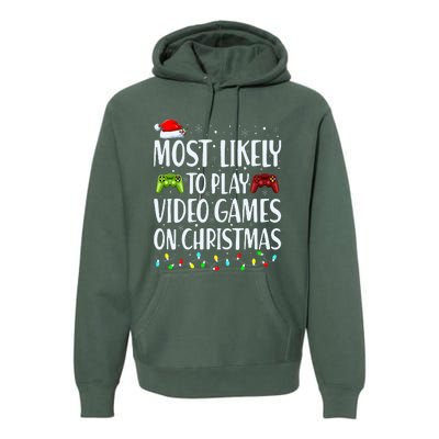 Most Likely To Play Video Games On Christmas Xmas Lights  Premium Hoodie