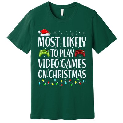 Most Likely To Play Video Games On Christmas Xmas Lights  Premium T-Shirt