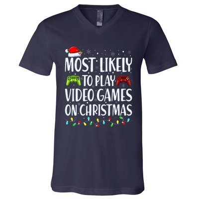 Most Likely To Play Video Games On Christmas Xmas Lights  V-Neck T-Shirt