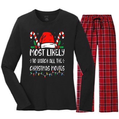 Most Likely To Watch All The Christmas Movies Funny Family Women's Long Sleeve Flannel Pajama Set 