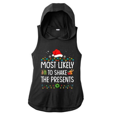 Most Likely To Shake The Presents Santa Christmas Lights Gift Ladies PosiCharge Tri-Blend Wicking Draft Hoodie Tank