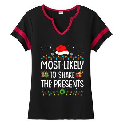 Most Likely To Shake The Presents Santa Christmas Lights Gift Ladies Halftime Notch Neck Tee