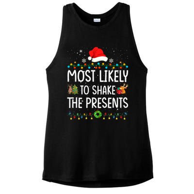 Most Likely To Shake The Presents Santa Christmas Lights Gift Ladies PosiCharge Tri-Blend Wicking Tank