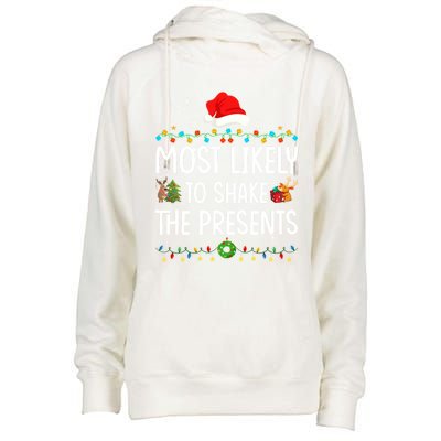 Most Likely To Shake The Presents Santa Christmas Lights Gift Womens Funnel Neck Pullover Hood