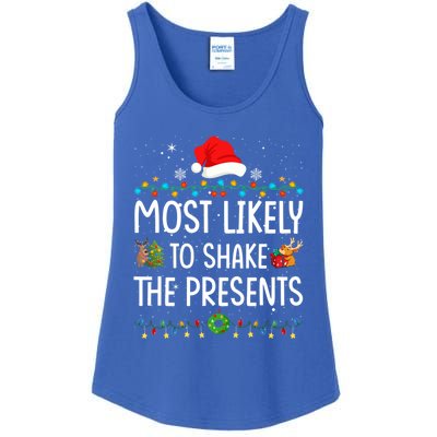 Most Likely To Shake The Presents Santa Christmas Lights Gift Ladies Essential Tank