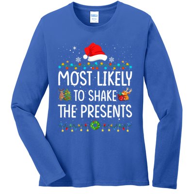 Most Likely To Shake The Presents Santa Christmas Lights Gift Ladies Long Sleeve Shirt