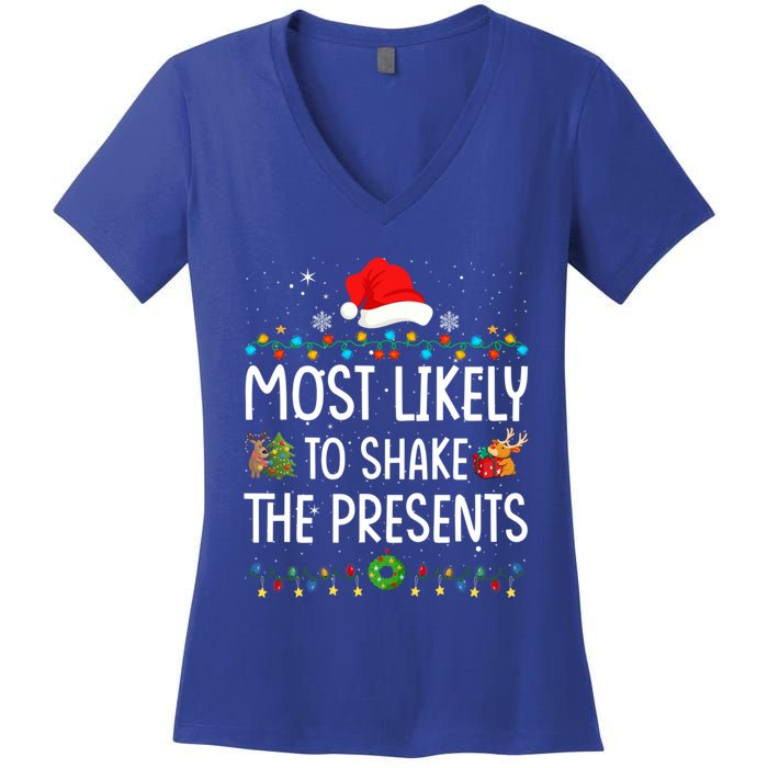 Most Likely To Shake The Presents Santa Christmas Lights Gift Women's V-Neck T-Shirt