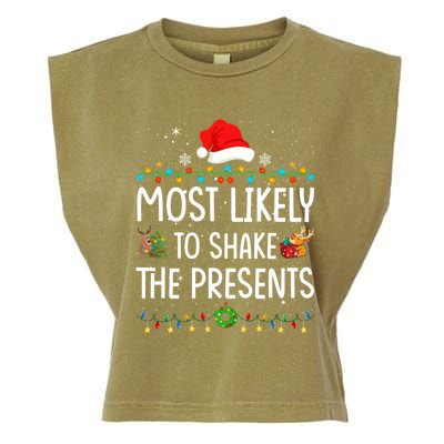 Most Likely To Shake The Presents Santa Christmas Lights Gift Garment-Dyed Women's Muscle Tee