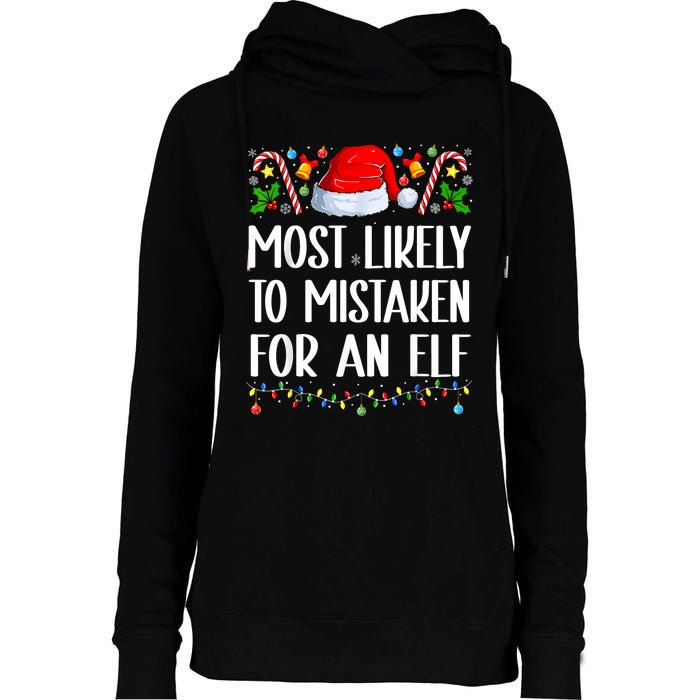 Most Likely To Be Mistaken For An Elf Christmas Pajamas Womens Funnel Neck Pullover Hood