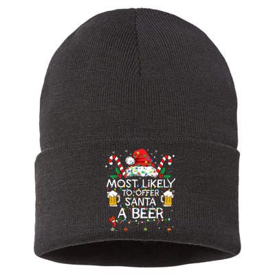 Most Likely To Offer Santa A Beer Funny Christmas Drinking Sustainable Knit Beanie