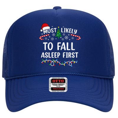 Most Likely To Fall Asleep First Family Matching Christmas High Crown Mesh Back Trucker Hat