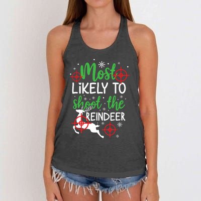 Most Likely To Shoot The Reindeer Funny Holiday Christmas Women's Knotted Racerback Tank